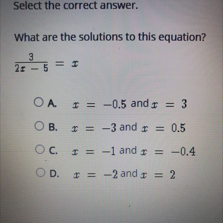 What are the solutions to this equation?3 over 2x-5 =x-example-1