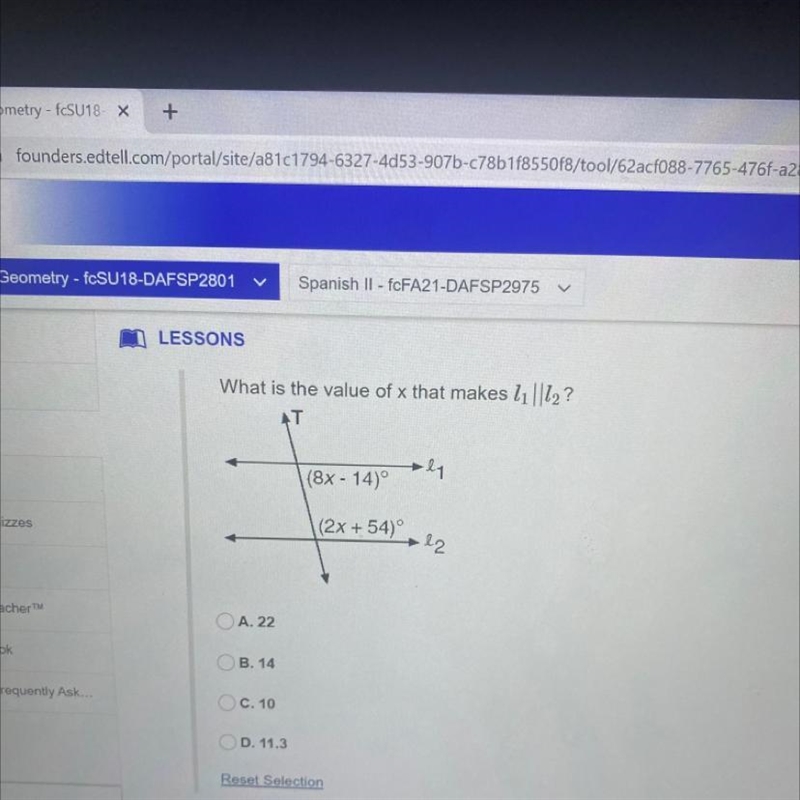 What is the value of x that makes 1₁ ||l2? AT (8x - 14)° (2x+54)°-example-1