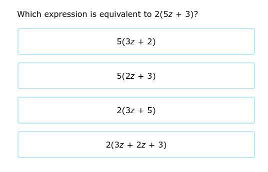 Which expression is equivalent to 2(5z+3)?-example-1