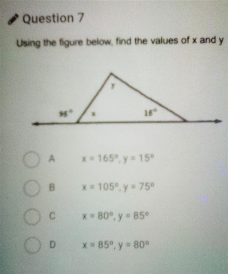 Using the figure below , find the values of x and y angles are 95° and 15°respectively-example-1