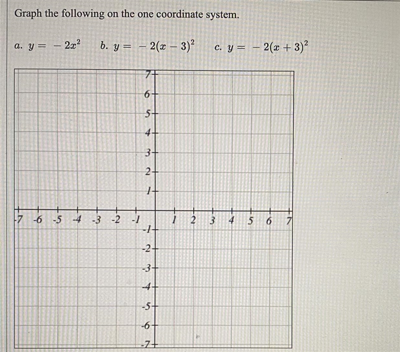 Graph the following on the one coordinate system. a. y=-2x^2 b. y=-2(x-3)^2 c. y=-2(x-example-1