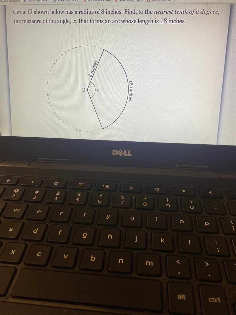 Circle O shown below has a radius of 8 inches. Find, to the nearest tenth of a degree-example-1