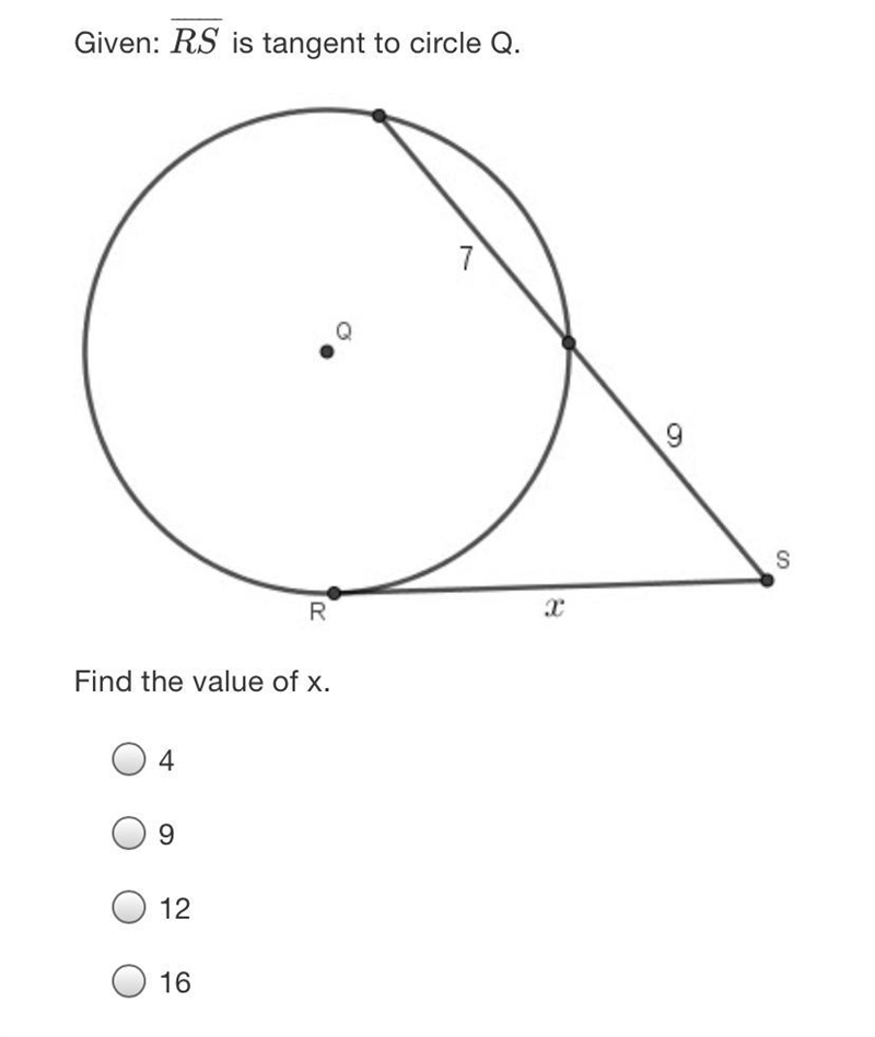 Given: RS is tangent to circle Q.9SRFind the value of x.491216-example-1