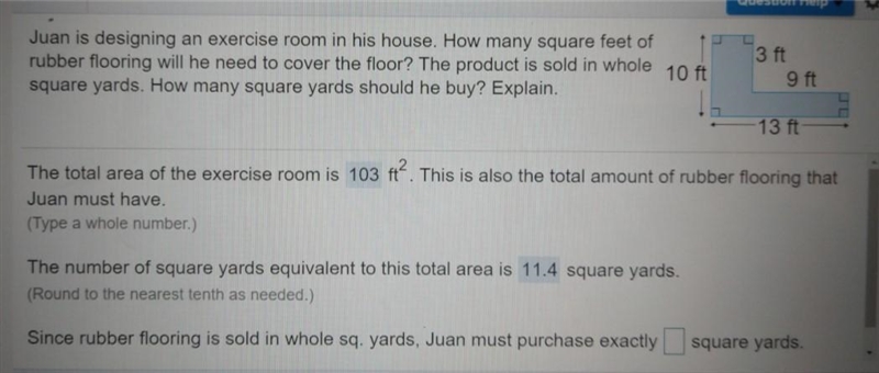 Juan is designing an exercise room in his house. How many square feet of rubber flooring-example-1