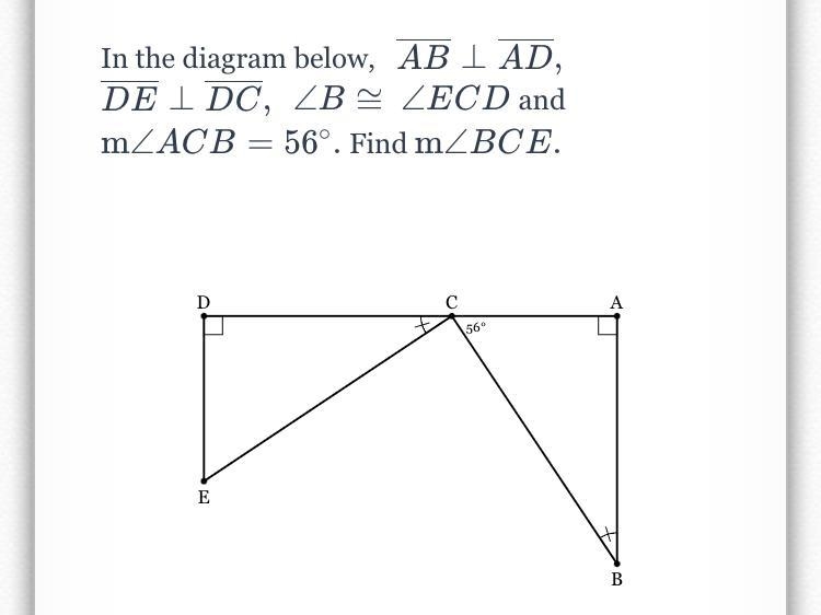 In the diagram blow, find the measure of angle BCE-example-1