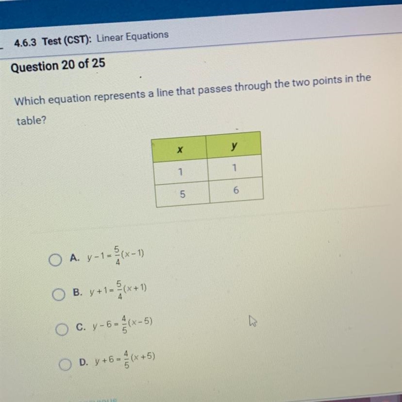 Which equation represents a line that passes through the two points in thetable?Xу-example-1