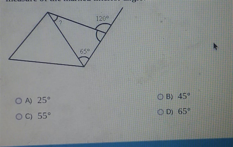 One triangular face of the prism shown has an interior angle with a measure of 65° and-example-1