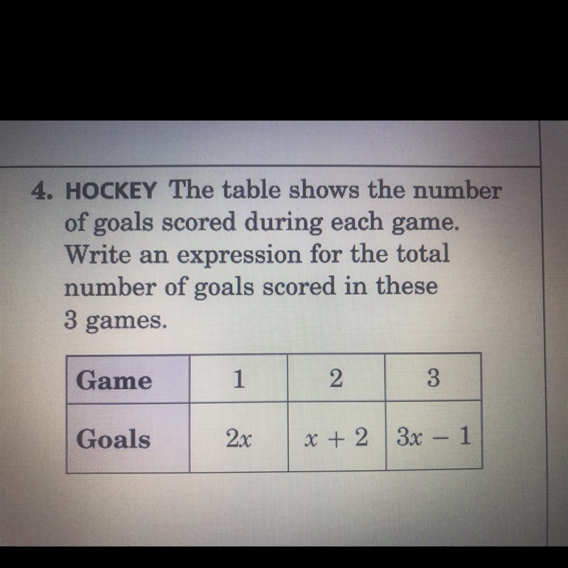 the table shows the number of goals scored during each game. Write an expression for-example-1