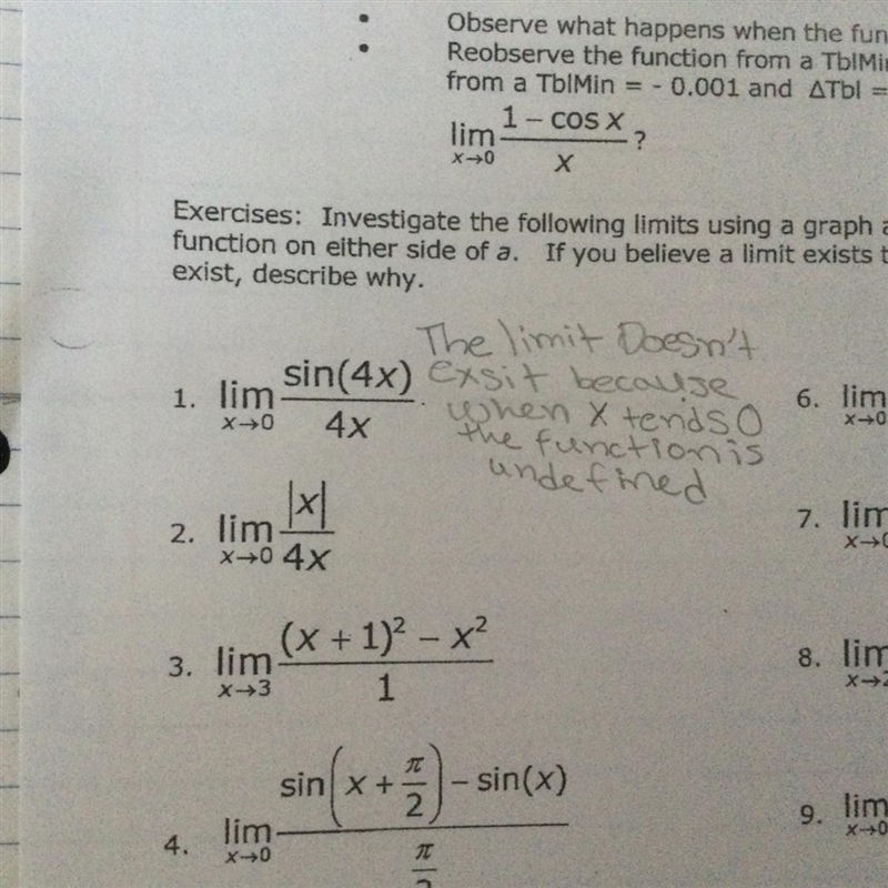 Number 2 investigate the following limits using graph and table, Record at least 5 values-example-1