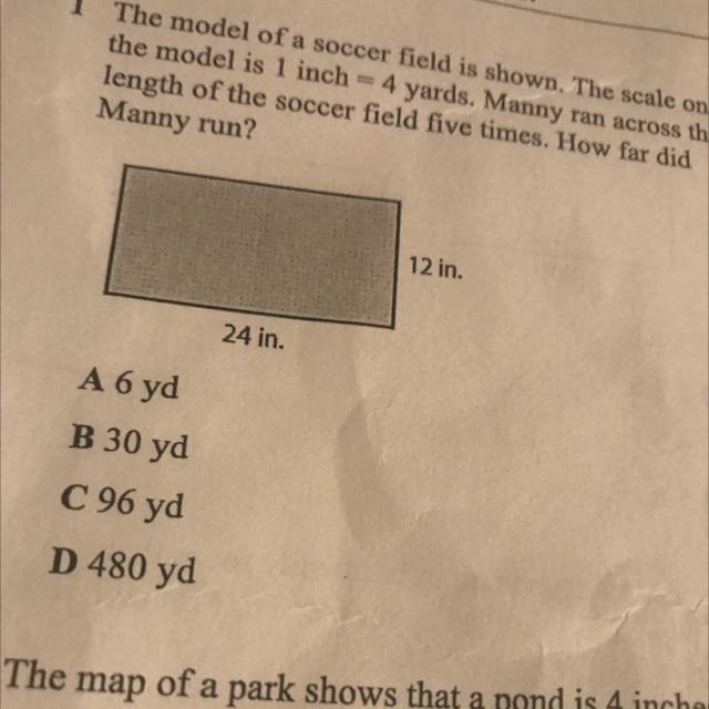 A model of a soccer field is on the scale of the model is 1 inch equals 4 yards many-example-1