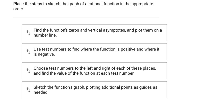 Place the steps to sketch the graph of a rational function in the appropriate order-example-1