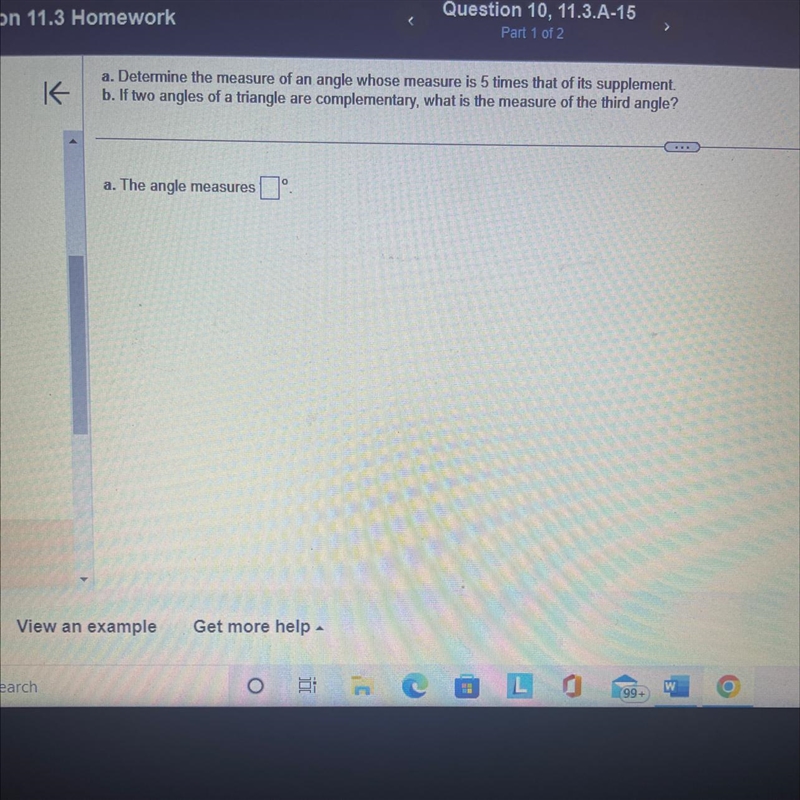 Determine the measure of an angle whose measure is five times that of a supplement-example-1