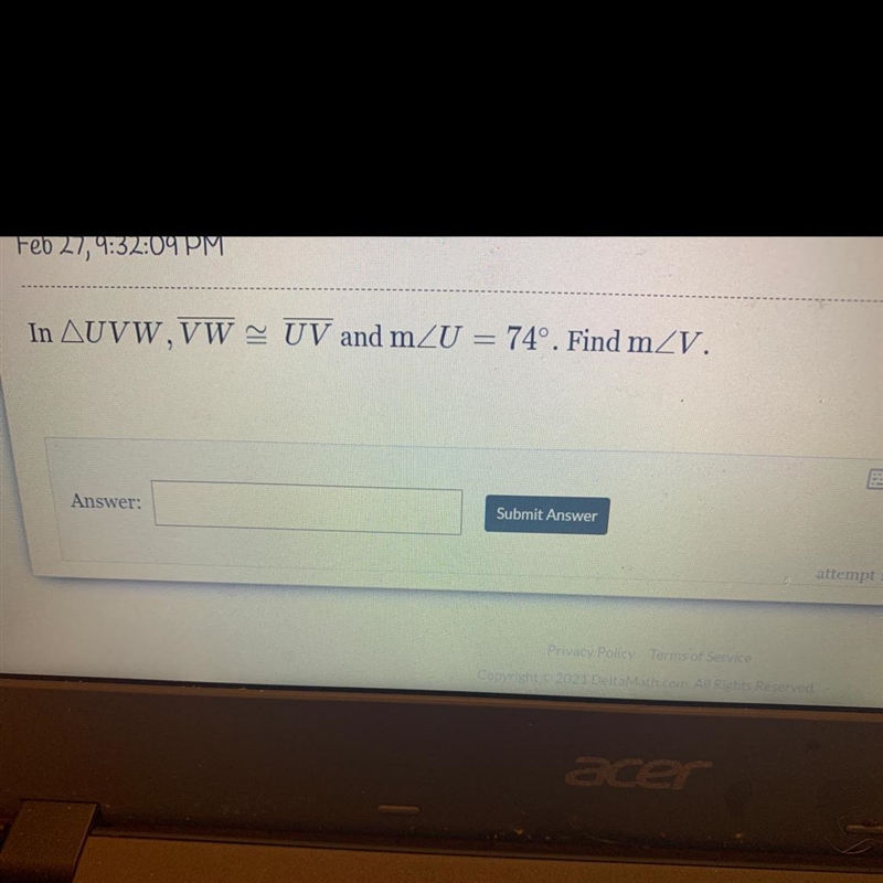 In AUVW, VW = UV and mZU = 74º. Find mZV.-example-1