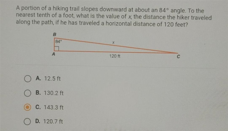 A portion of a hiking trail slopes downward at about an 84° angle. To the nearest-example-1