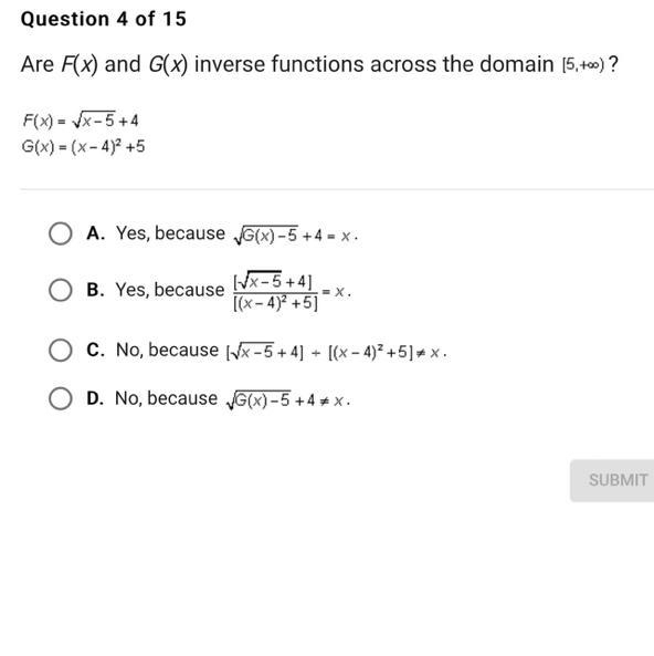 Are f(x) and g(x) inverse functions across the domain (5, + infinity)-example-1