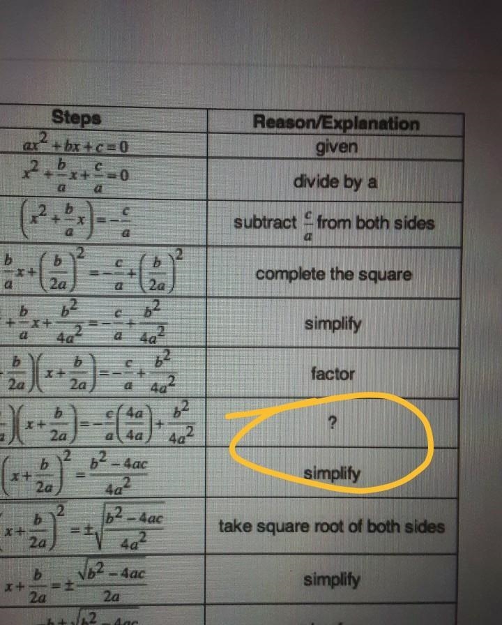 The steps for deriving the Quadratic formular are shown. Which best choose for the-example-1