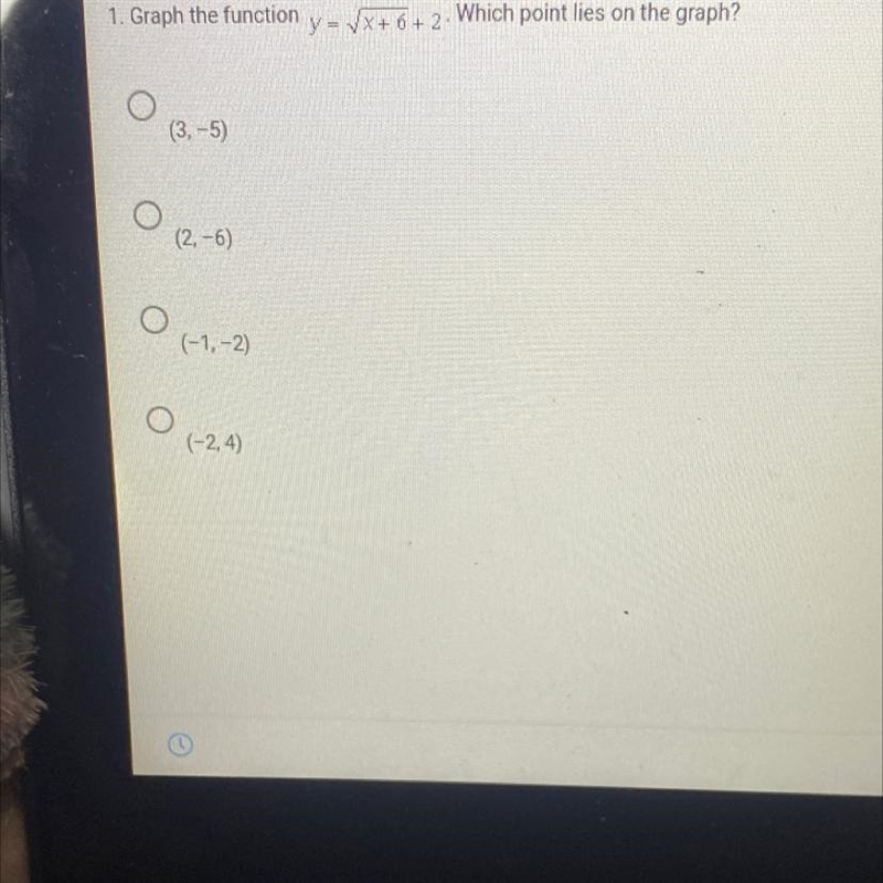 Graph the function y=sqrt(x+6)+2. which point lies on the graph-example-1