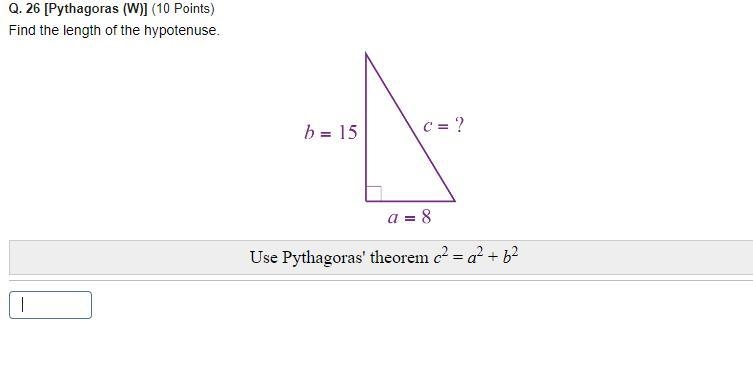 Please Help Me ASAP Find the length of the hypotenuse. Use Pythagoras' theorem c2 = a-example-1