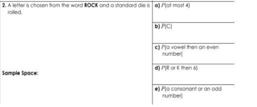 A letter is chosen from ROCK and a standard die is rolled. a) P(at most 4)-example-1