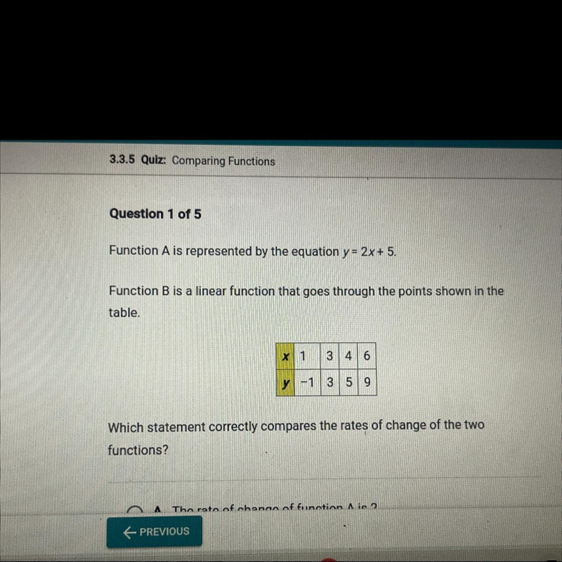 Function A is represented by the equation y=2 x+5 Function B is a linear function-example-1