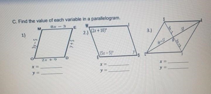 Find the value of each variable in a parallelogram.​-example-1