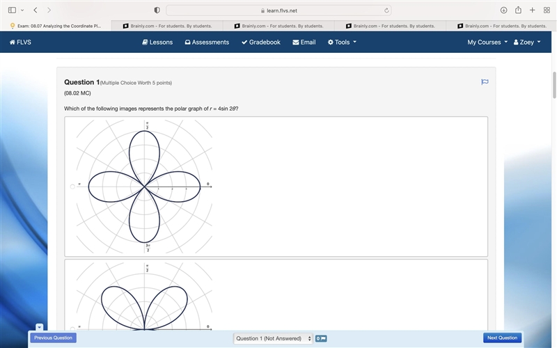 Which of the following images represents the polar graph of r = 4sin 2θ?-example-1