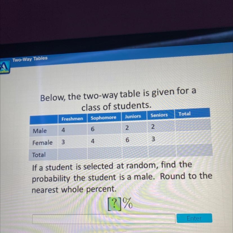 Below, the two-way table is given for aclass of students.FreshmenSophomoreJuniorsTotalSeniors-example-1