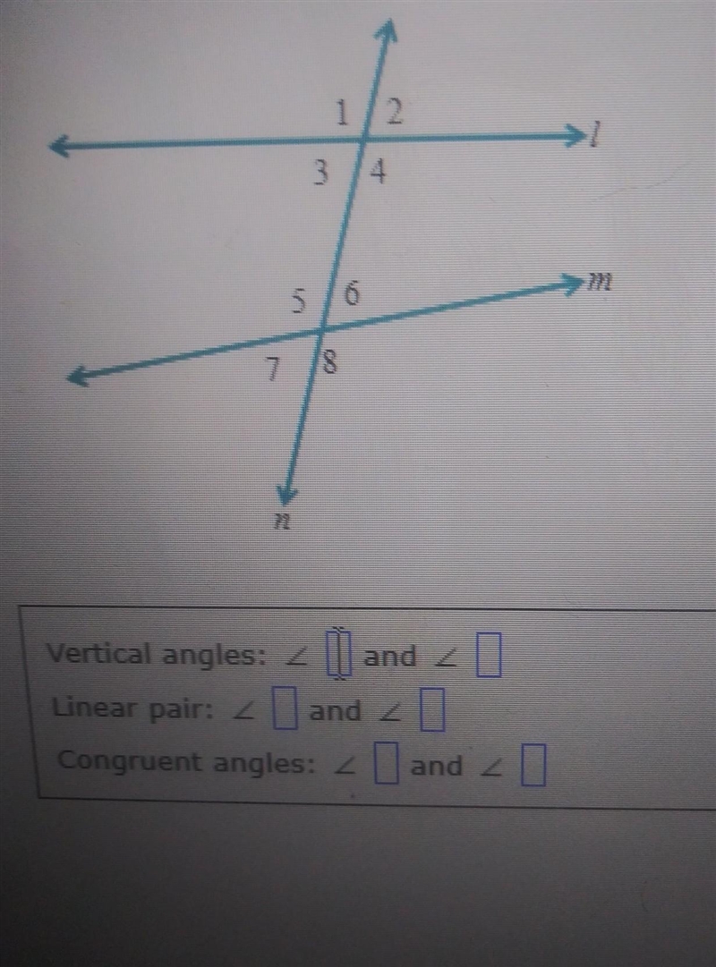 For the figure below, give the following. (a) one pair of vertical angles (b) one-example-1