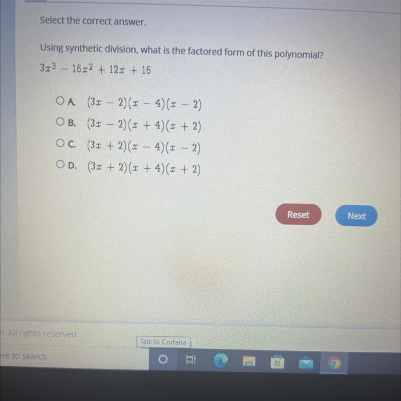 Using synthetic division, what is the factored form of this polynomial? 3.13 – 1612 + 121 + 16 - A-example-1