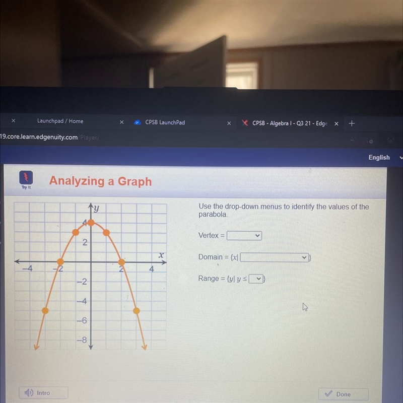 Use the drop-down menus to identify the values of theparabola.Vertex=Domain=Range-example-1