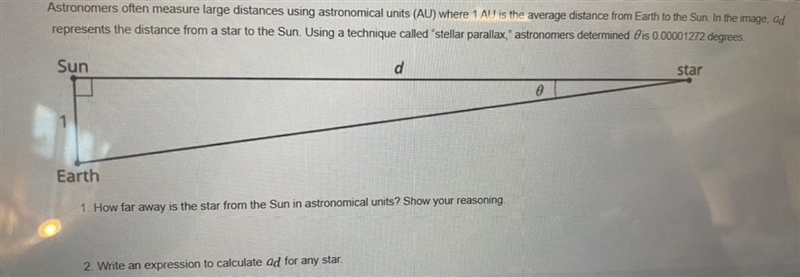 Astronomers often measure large distances using astronomical units (AL) where 1 AU-example-1