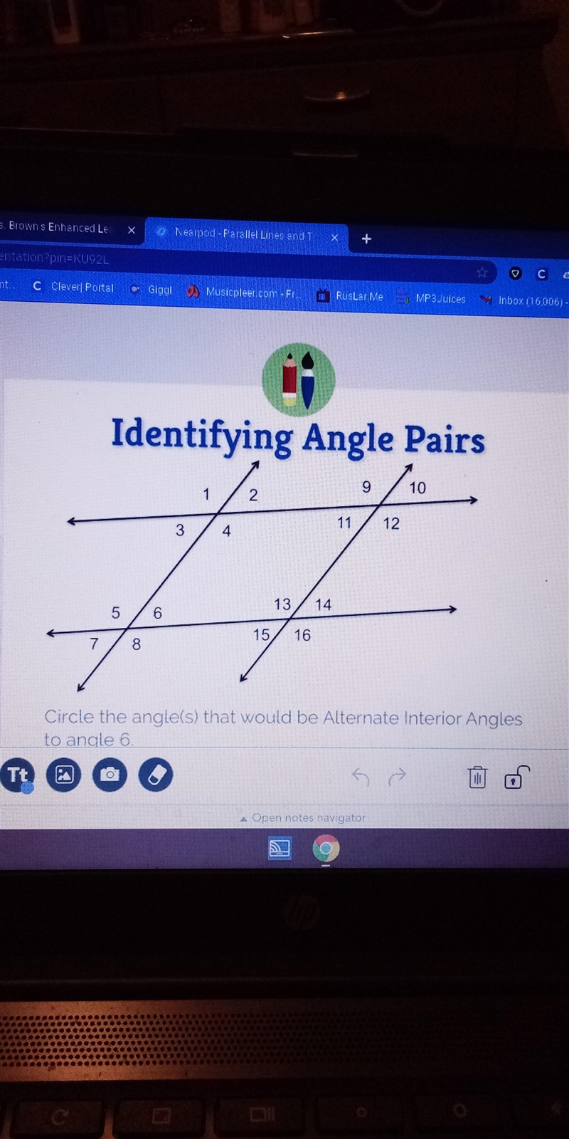 Identifying Angle Pairs) 9 10 1 2 11 12 3 4 13 14 5 6 15 16 7 8 Circle the angle(s-example-1