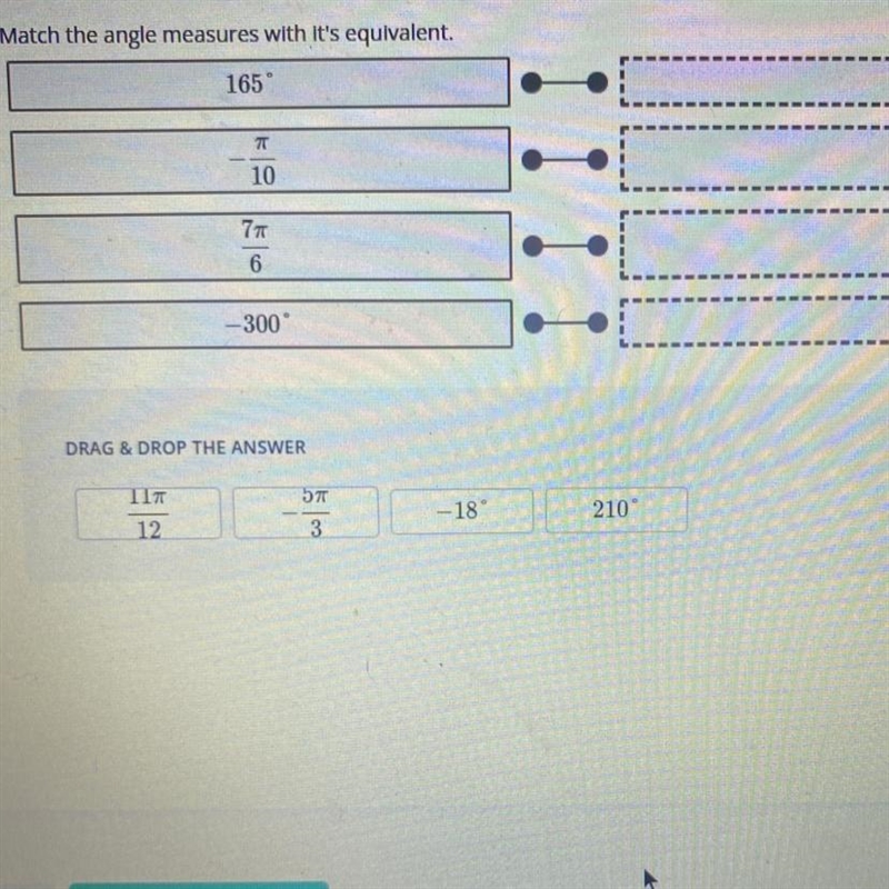 Match the angle measures with its equivalent.-example-1