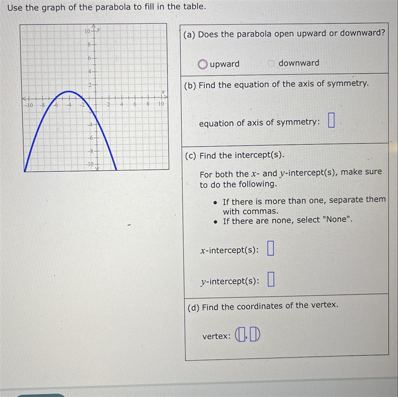 Use the graph of the parabola to fill in the table-example-1