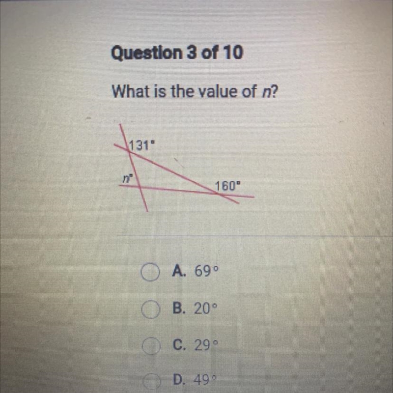 What is the value of n? A. 69 B. 20 C. 29 D. 49-example-1