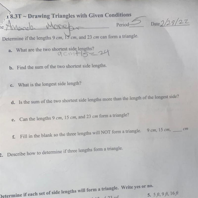 1. Determine if the lengths 9 cm, 13 cm, and 23 cm can form a triangle. a. What are-example-1