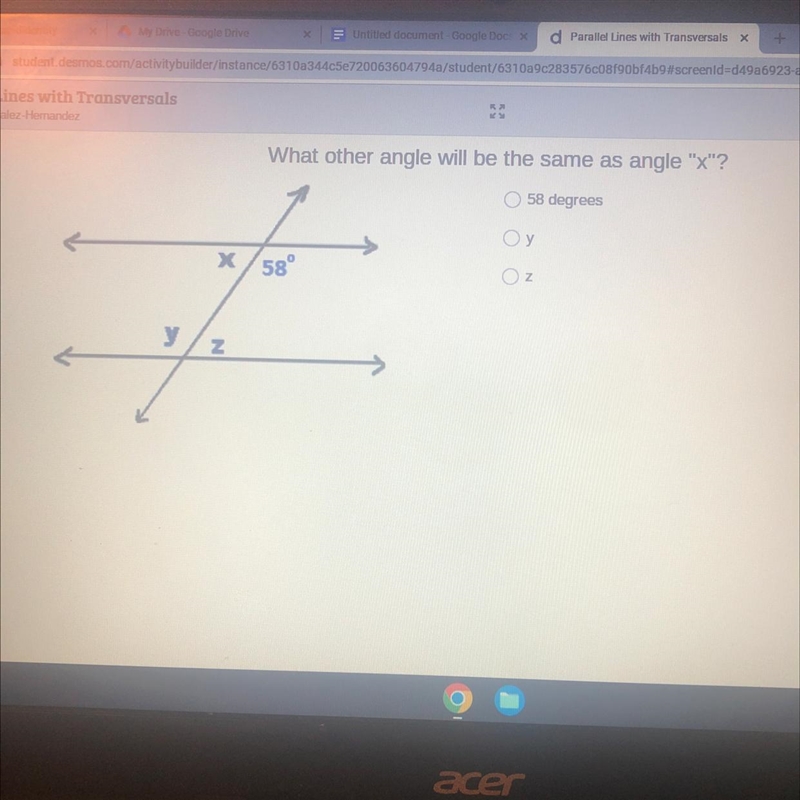 What other angle will be the same as angle "x"?-example-1