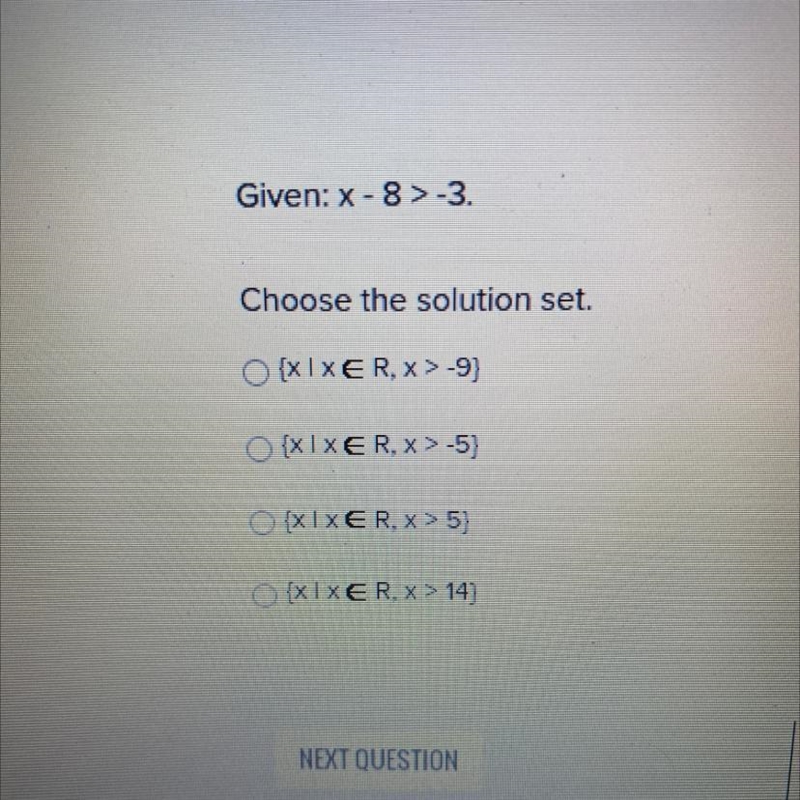 Given: X - 8 › -3. Choose the solution set.-example-1