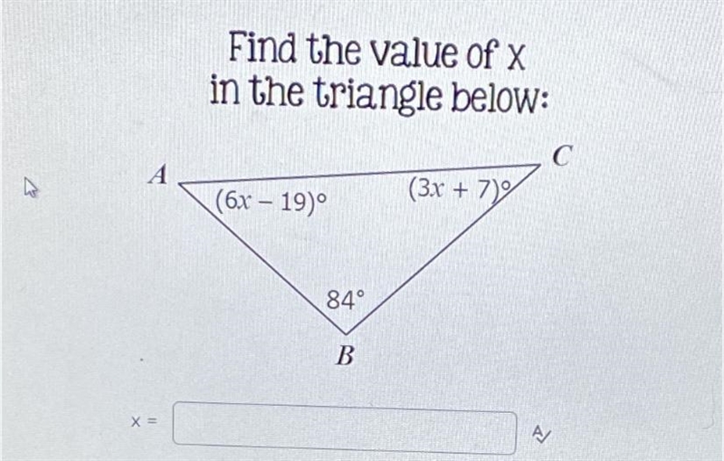 Find the value of x in the triangle below:-example-1