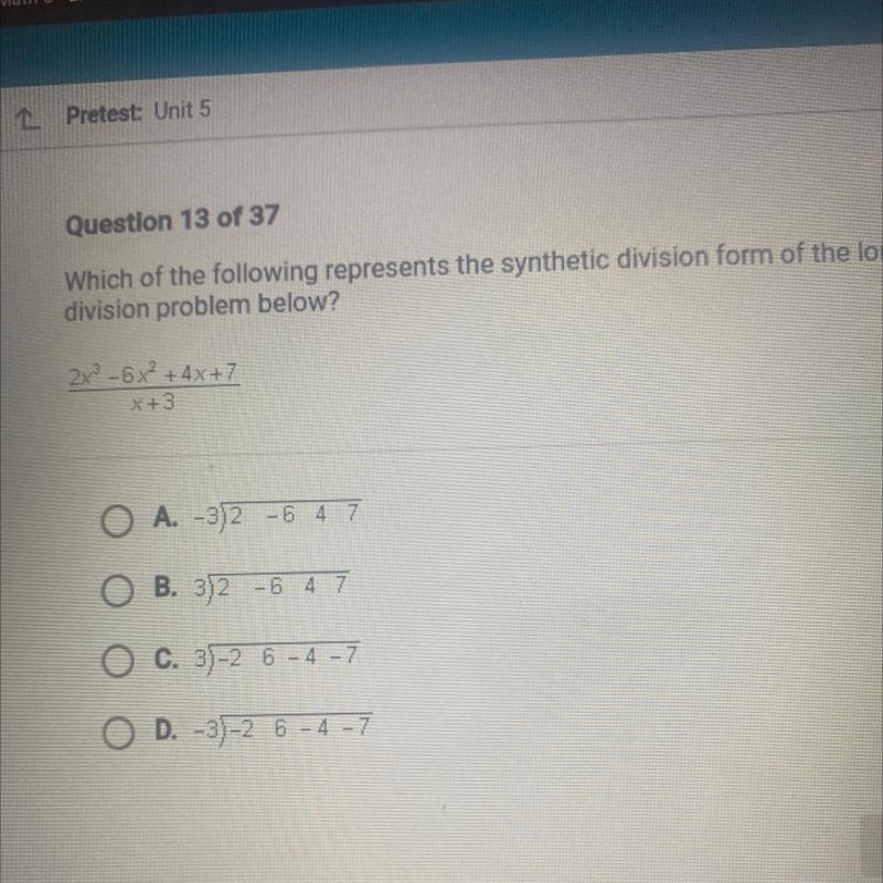 Which of the following represents the synthetic division form of the long division-example-1