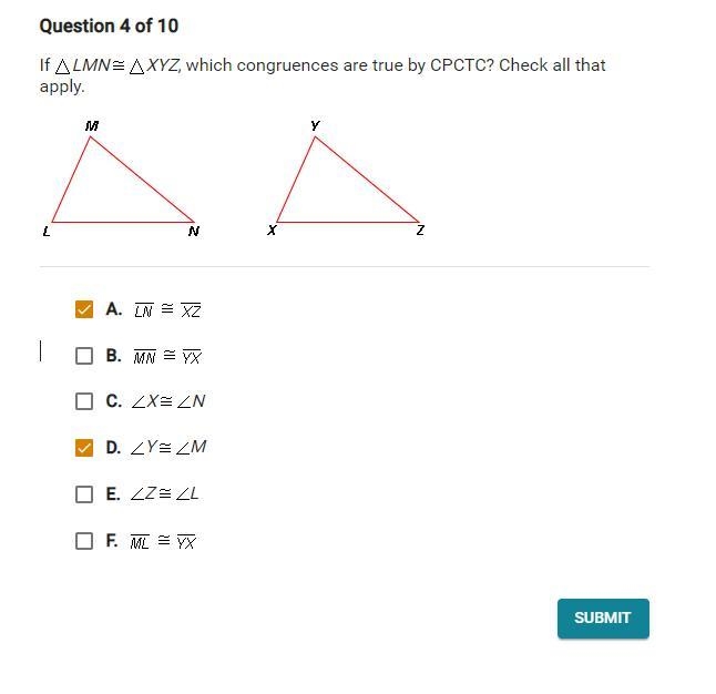 If LMN = XYZ, which congruences are true by CPCTC? check all that apply.-example-1