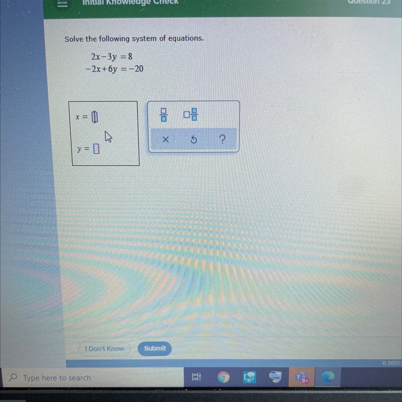 Solve the following system of equations,2x - 3y = 8-2x + 6y = -20-example-1