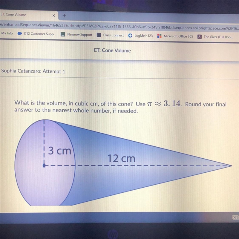 What is the volume in cubic cm of this cone????-example-1