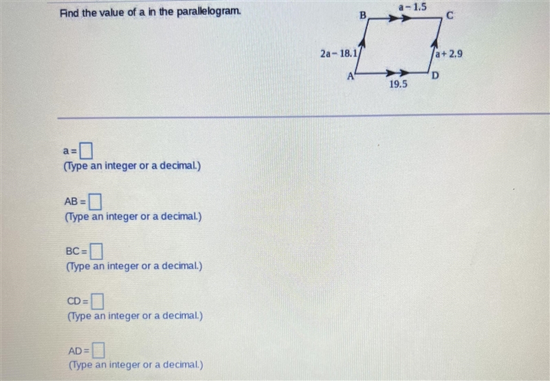 Find the value of a, AB, BC, CD, AD in the parallelogram.-example-1