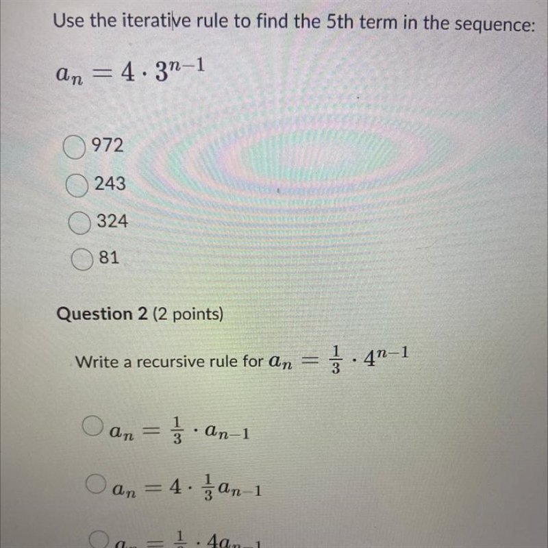 Use the iterative rule to find the 5th term in the sequence: an = 4x3n-1 972 243 324 81-example-1