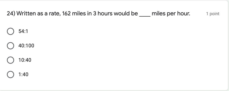 Written as a rate, 162 miles in 3 hours would be ____ miles per hour.-example-1