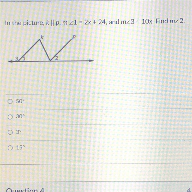 URGENT: DUE TODAY In the picture, k || p, m 21 = 2x + 24, and mz3 = 10x. Find m&lt-example-1