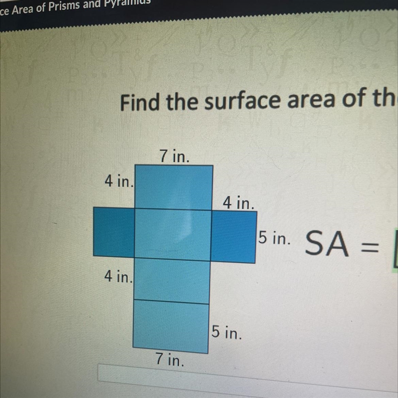 Find the surface 7 in. 4 in. 4 in. + 4 in. 5 in. 7 in. 5 in. j SA = [?]in.² please-example-1