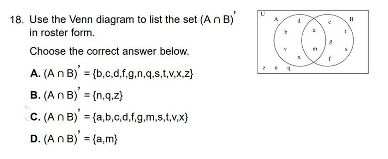 18. Use the Venn diagram to list the set (A∩ B)'-example-1