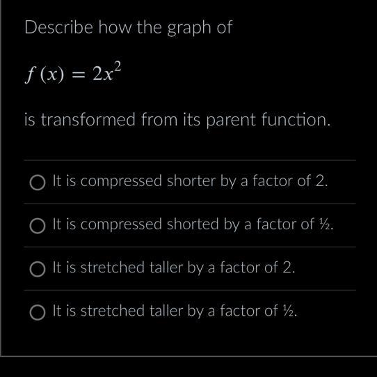 Describe how the graph is transformed from its parent function?-example-1